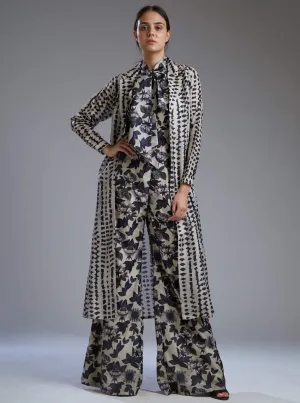 White & Black Floral Print Jumpsuit With Cape