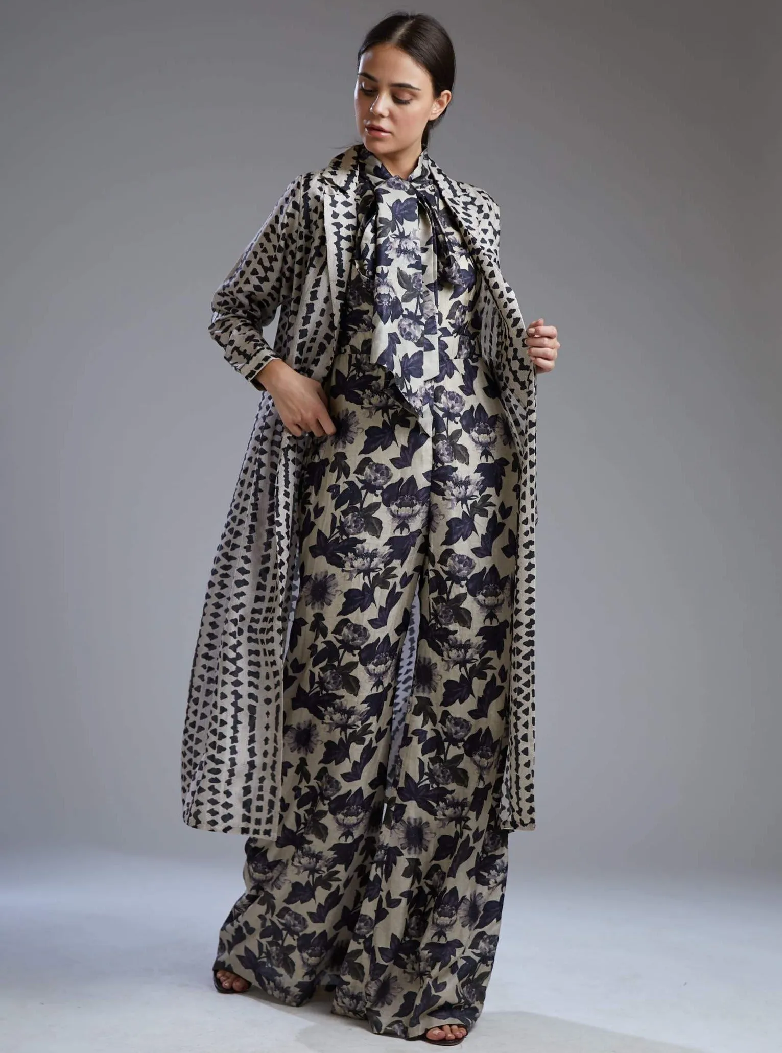 White & Black Floral Print Jumpsuit With Cape