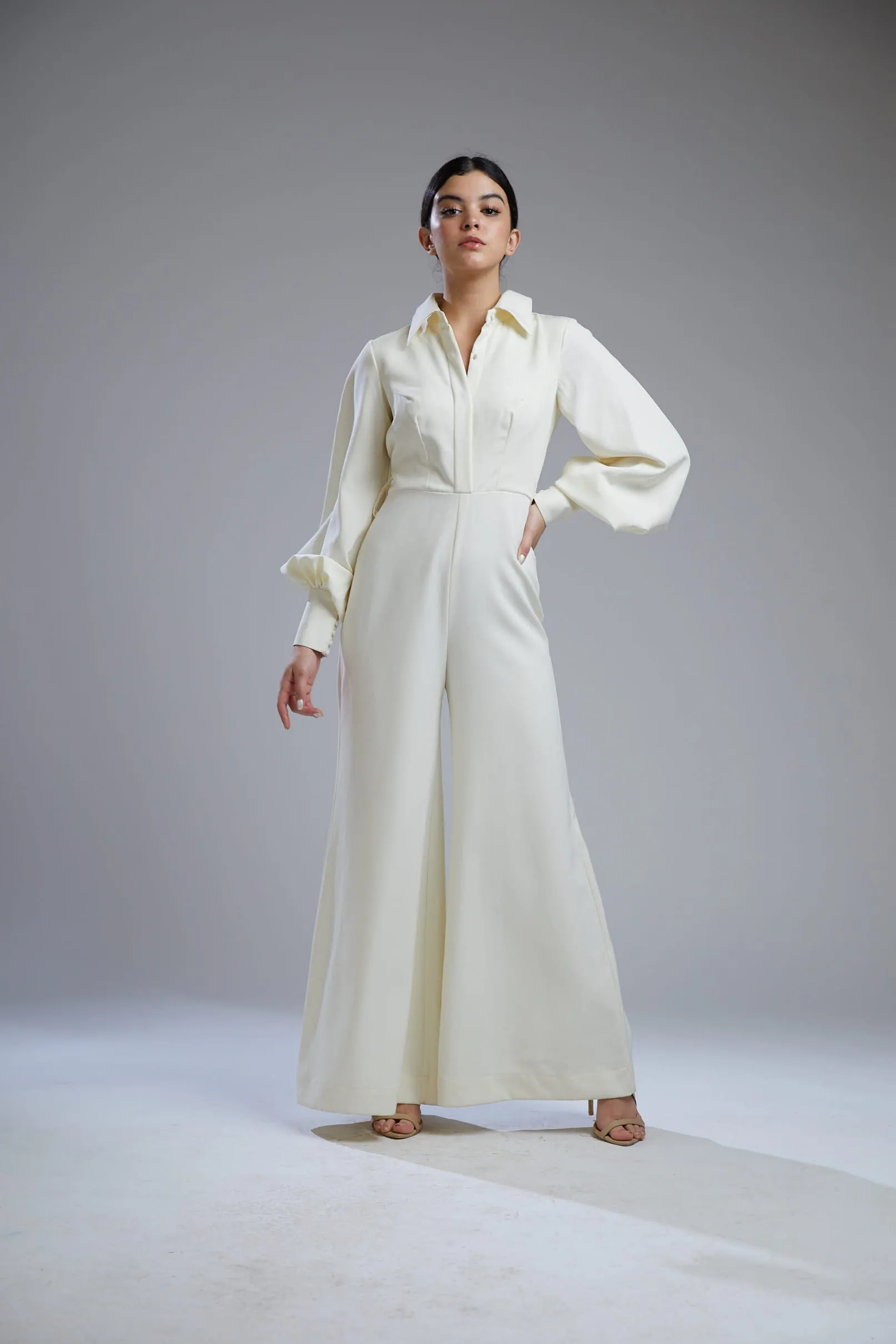 White Crepe Shirt Jumpsuit