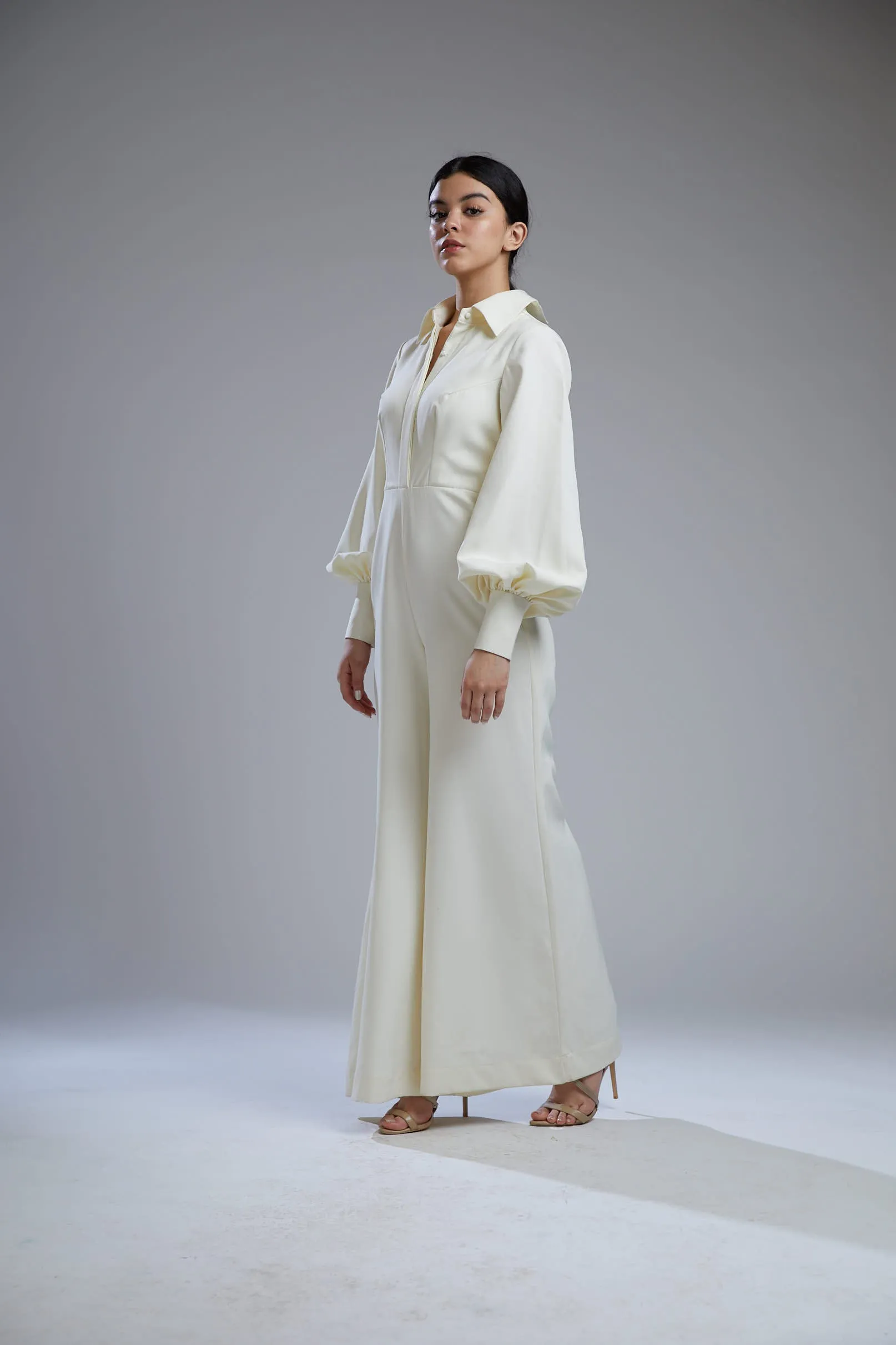 White Crepe Shirt Jumpsuit