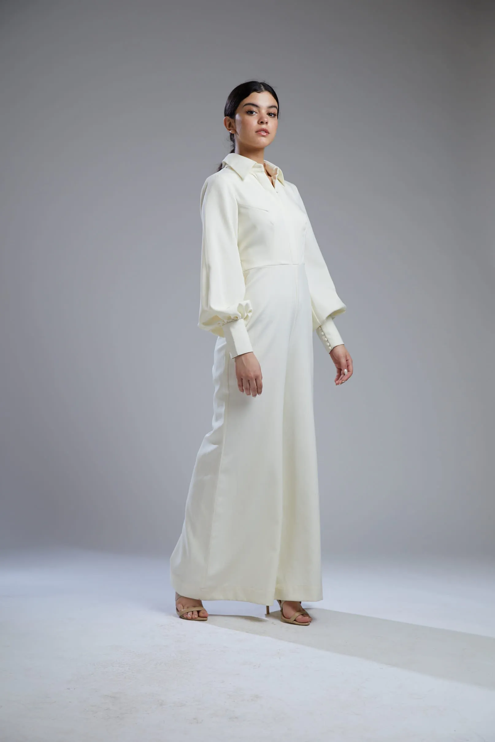 White Crepe Shirt Jumpsuit