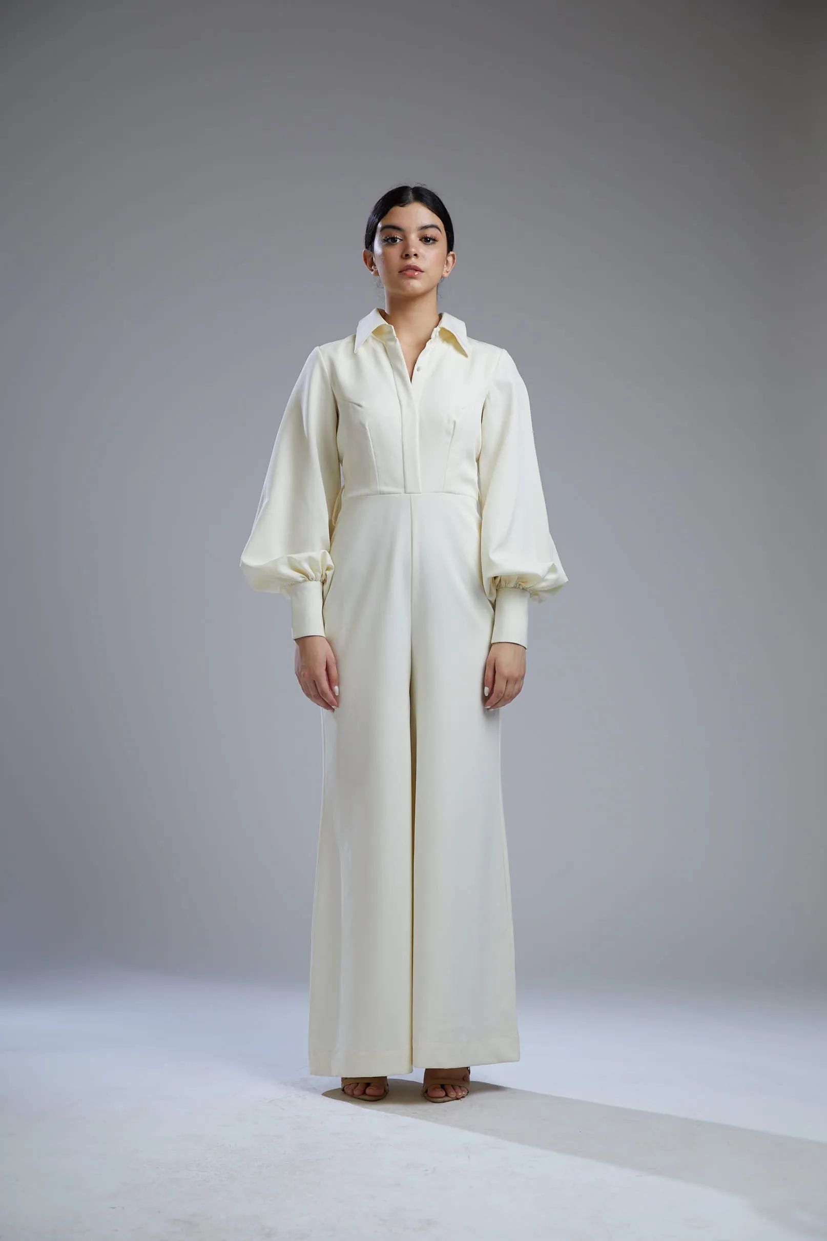 White Crepe Shirt Jumpsuit