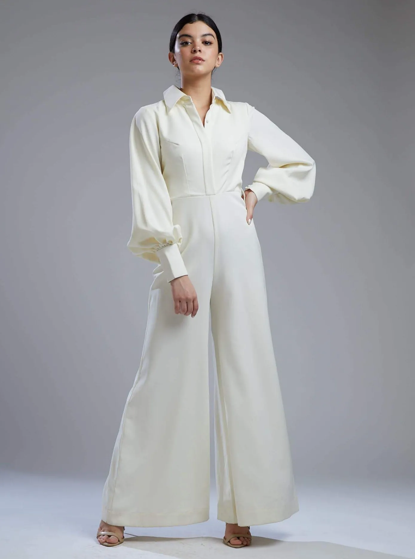 White Crepe Shirt Jumpsuit