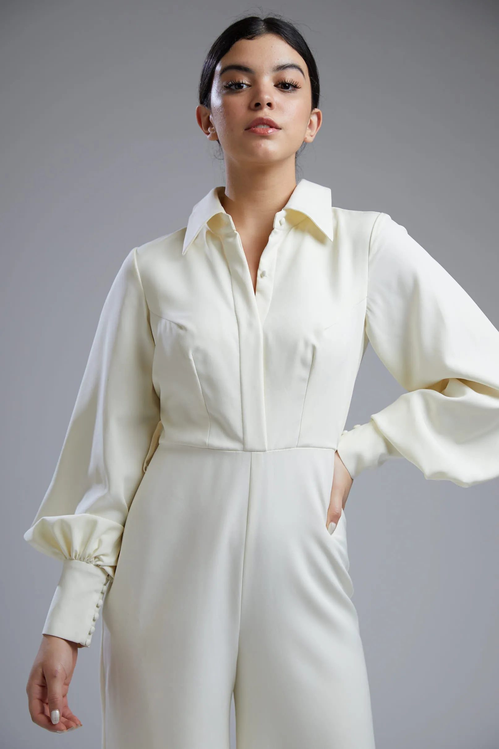 White Crepe Shirt Jumpsuit