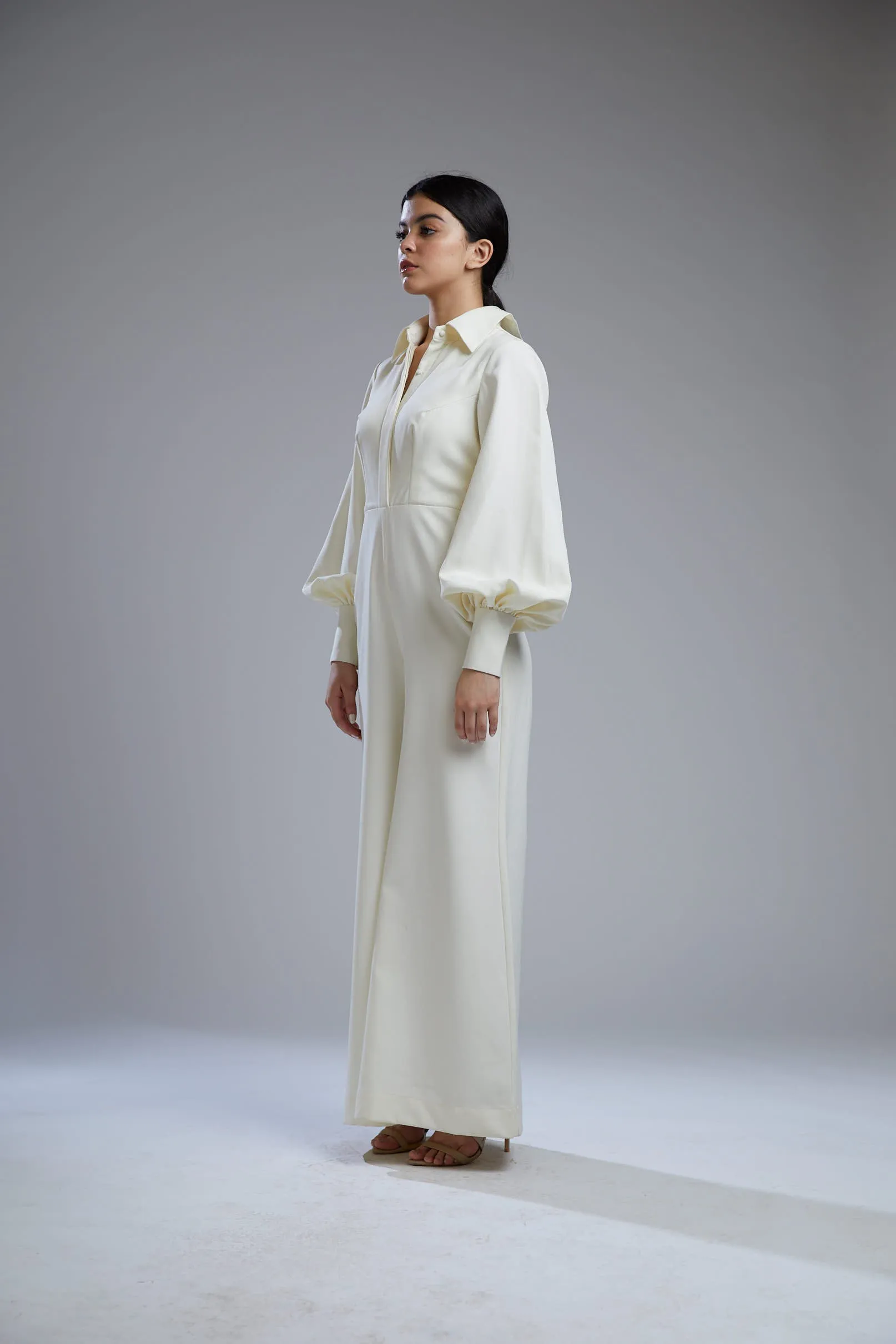 White Crepe Shirt Jumpsuit