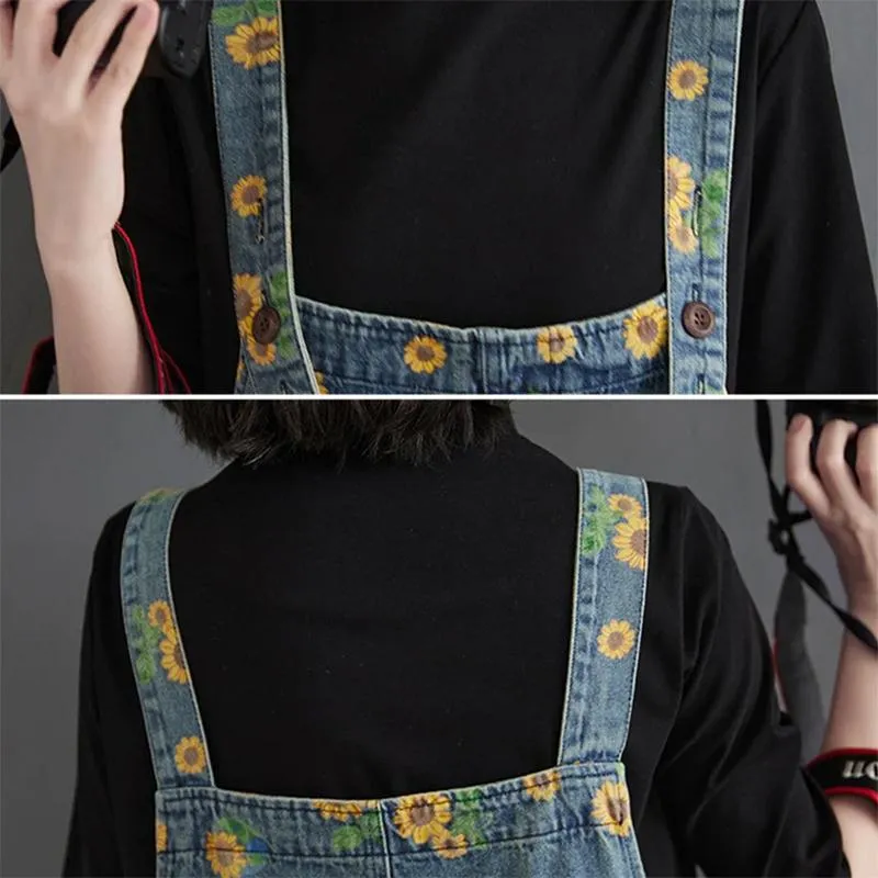 Women Denim Overalls, Sunflower Print Jumpsuits, Loose Wide Leg Pants, Oversized Baggy Ladies Pantst, Retro Trousers