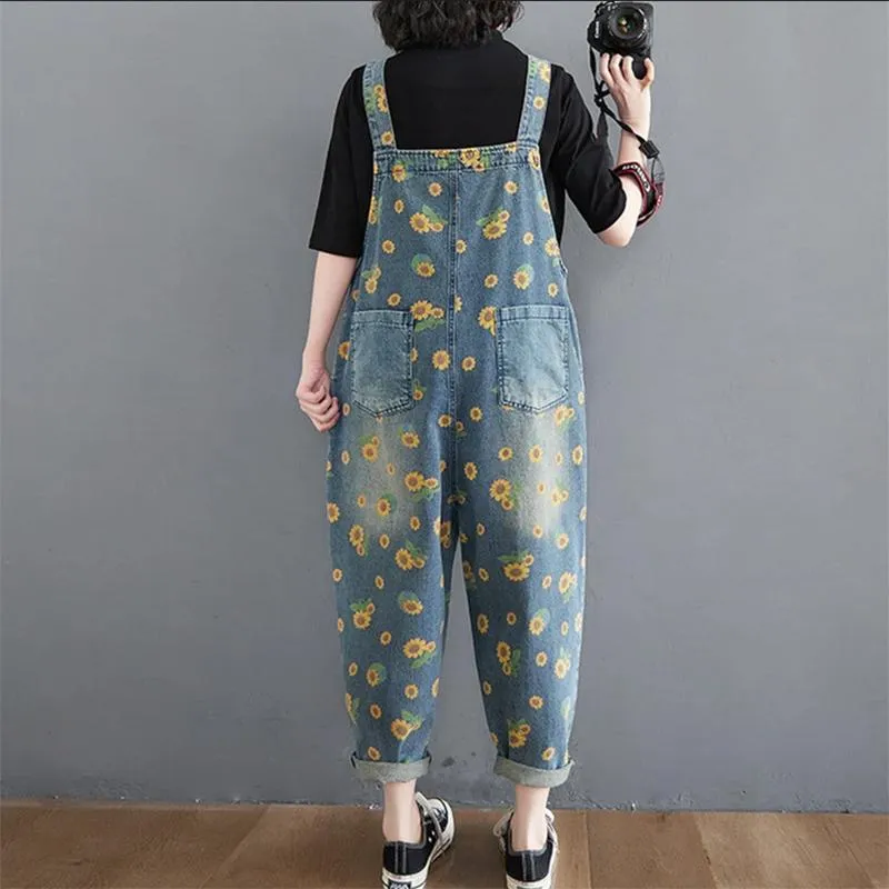 Women Denim Overalls, Sunflower Print Jumpsuits, Loose Wide Leg Pants, Oversized Baggy Ladies Pantst, Retro Trousers