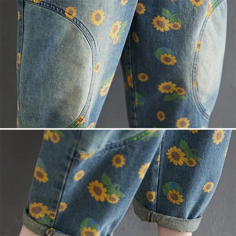 Women Denim Overalls, Sunflower Print Jumpsuits, Loose Wide Leg Pants, Oversized Baggy Ladies Pantst, Retro Trousers