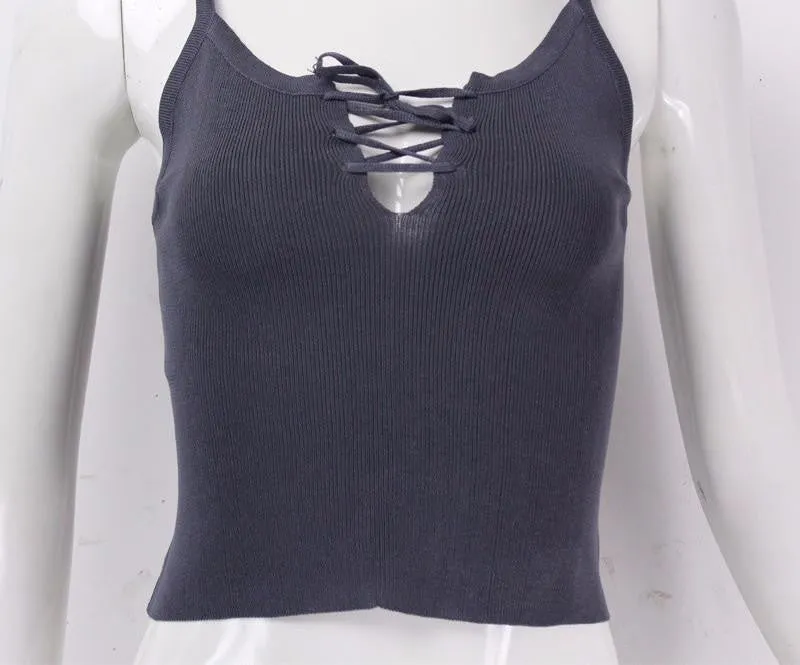 Women Front Cross Bandage Strappy Bustier Casual Crop Tank Top Brandy Melville Knitted