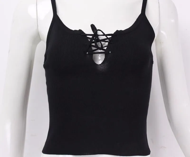 Women Front Cross Bandage Strappy Bustier Casual Crop Tank Top Brandy Melville Knitted