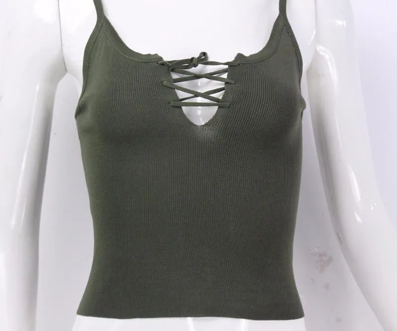 Women Front Cross Bandage Strappy Bustier Casual Crop Tank Top Brandy Melville Knitted