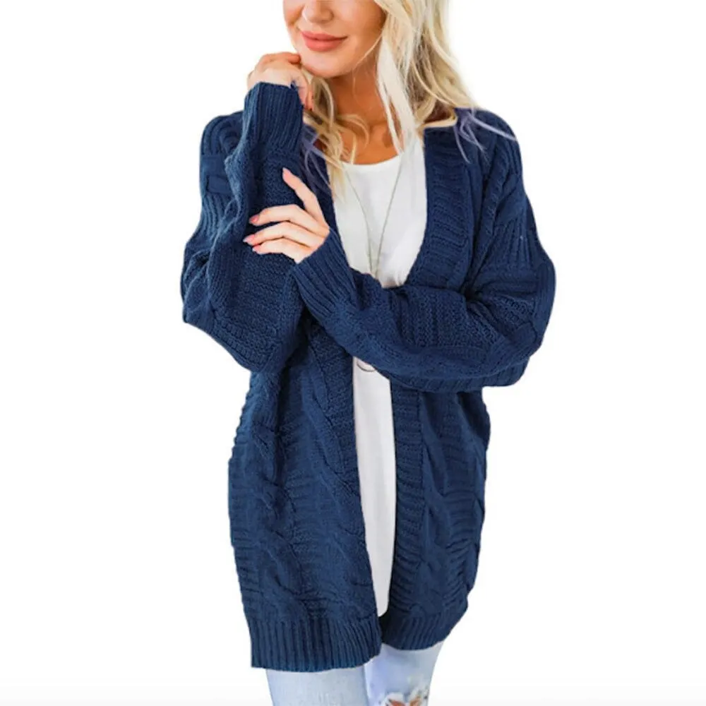 Women Navy Cardigan Knitted Sweater