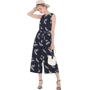 women's bird print O-neck sleeveless belt sashes ankle-length jumpsuits blue
