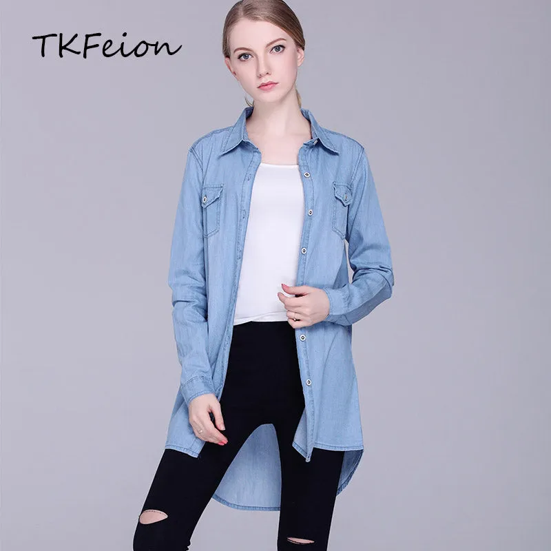 Womens Denim Shirts Blue Color 2018 New Fashion Ladies Long Blouses Cardigans Lapel Neck Long Sleeve Female Casual Cowgirl Tops