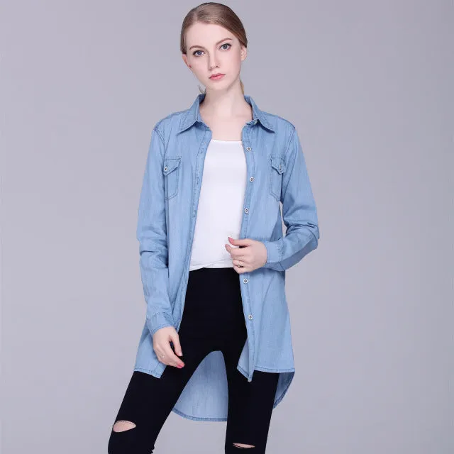 Womens Denim Shirts Blue Color 2018 New Fashion Ladies Long Blouses Cardigans Lapel Neck Long Sleeve Female Casual Cowgirl Tops