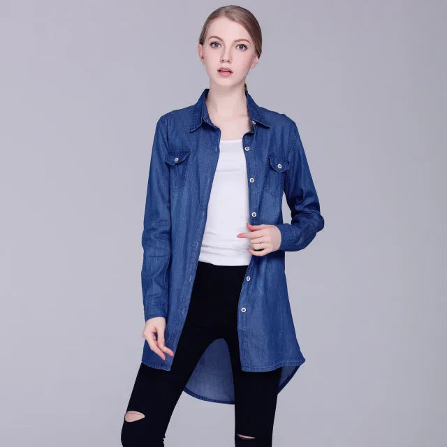 Womens Denim Shirts Blue Color 2018 New Fashion Ladies Long Blouses Cardigans Lapel Neck Long Sleeve Female Casual Cowgirl Tops
