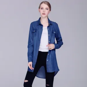 Womens Denim Shirts Blue Color 2018 New Fashion Ladies Long Blouses Cardigans Lapel Neck Long Sleeve Female Casual Cowgirl Tops