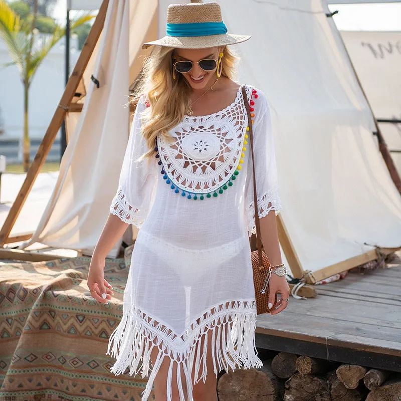 Womens Loose Large Round Tassel Bathing Suit Coverups Dress
