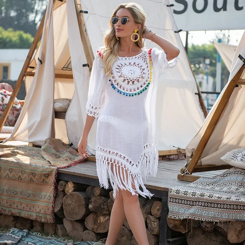 Womens Loose Large Round Tassel Bathing Suit Coverups Dress