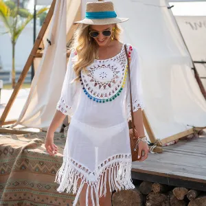 Womens Loose Large Round Tassel Bathing Suit Coverups Dress