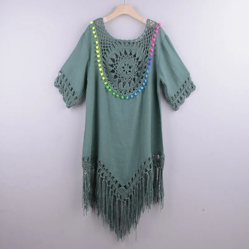Womens Loose Large Round Tassel Bathing Suit Coverups Dress