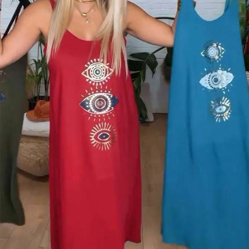 Women's Sleeveless Long Dress with Eye Print
