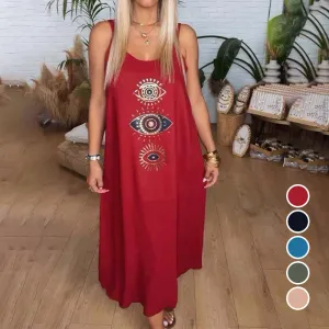 Women's Sleeveless Long Dress with Eye Print