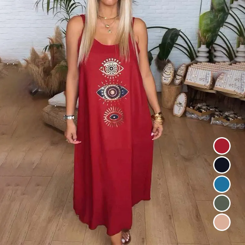 Women's Sleeveless Long Dress with Eye Print