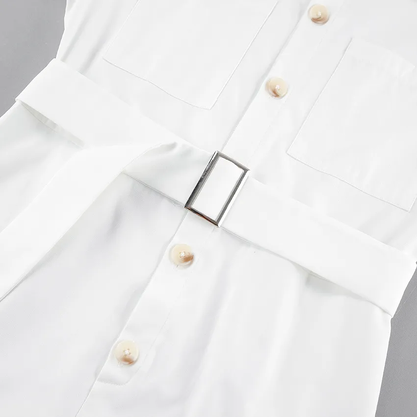 Women's Stylish White Button Belted Shirt Dress Romper
