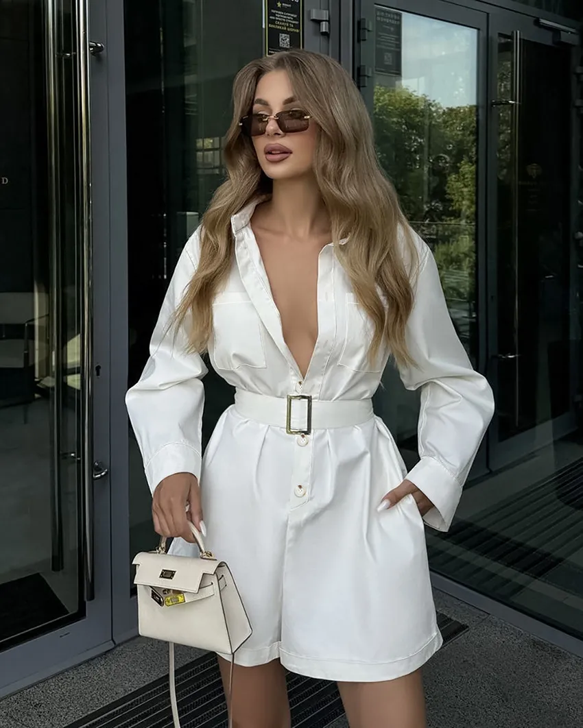 Women's Stylish White Button Belted Shirt Dress Romper