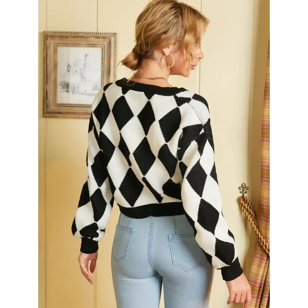 Y2K Cropped Argyle Pattern Button Front Jacket in Soft Knit Material