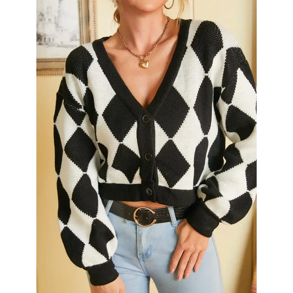 Y2K Cropped Argyle Pattern Button Front Jacket in Soft Knit Material