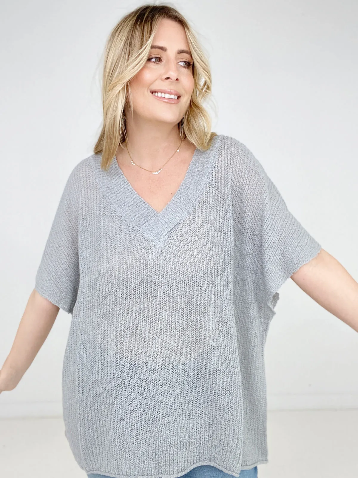 Zenana "Carrie" Oversized V-Neck Sheer Knit Top